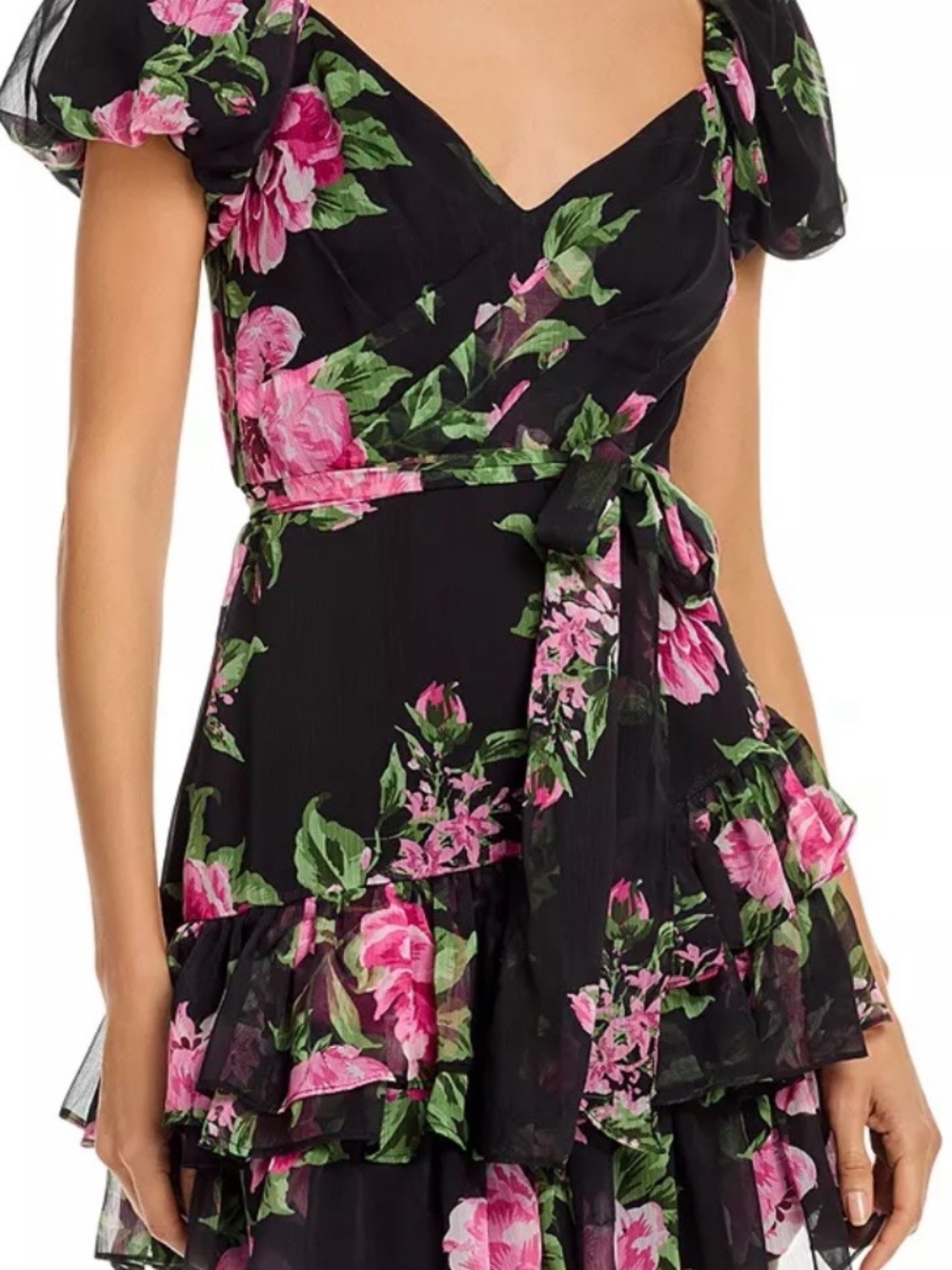 Aqua by Bloomingdale’s Black Midi Dress with Pink Floral Print